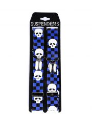 Hosenträger Totenköpfe auf Schachbrettmuster blau
