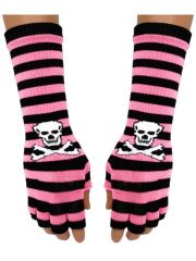 Fingerlose Stulpenhandschuhe rosa Streifen Totenkopf
