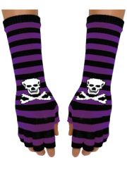 Fingerlose Stulpenhandschuhe lila Streifen Totenkopf