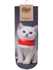 Sneaker Socken bedruckt Katze mit Schal rot