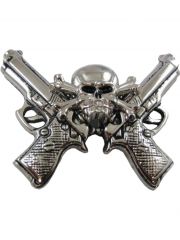 Gürtelschnalle Totenkopf mit Pistolen silber