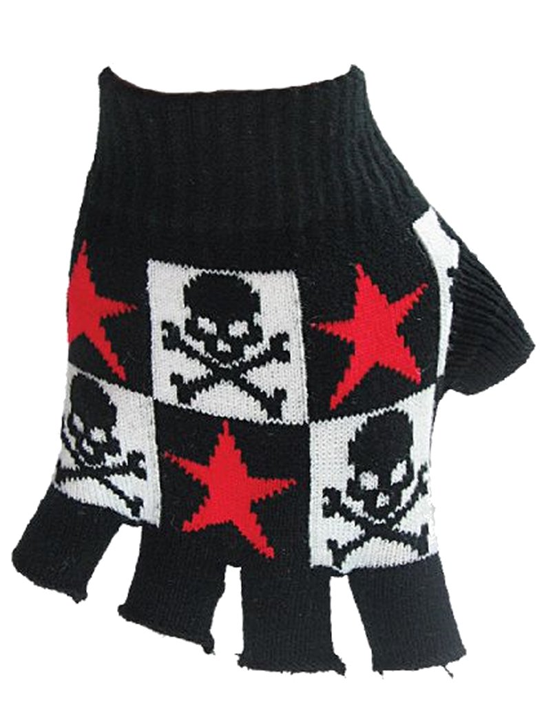 Ro Rox Totenkopf Strass Handschuhe Fingerlos | Gestrickt, Dehnbar | Gotisch, Schwarz | Länge Ca. 40 Cm