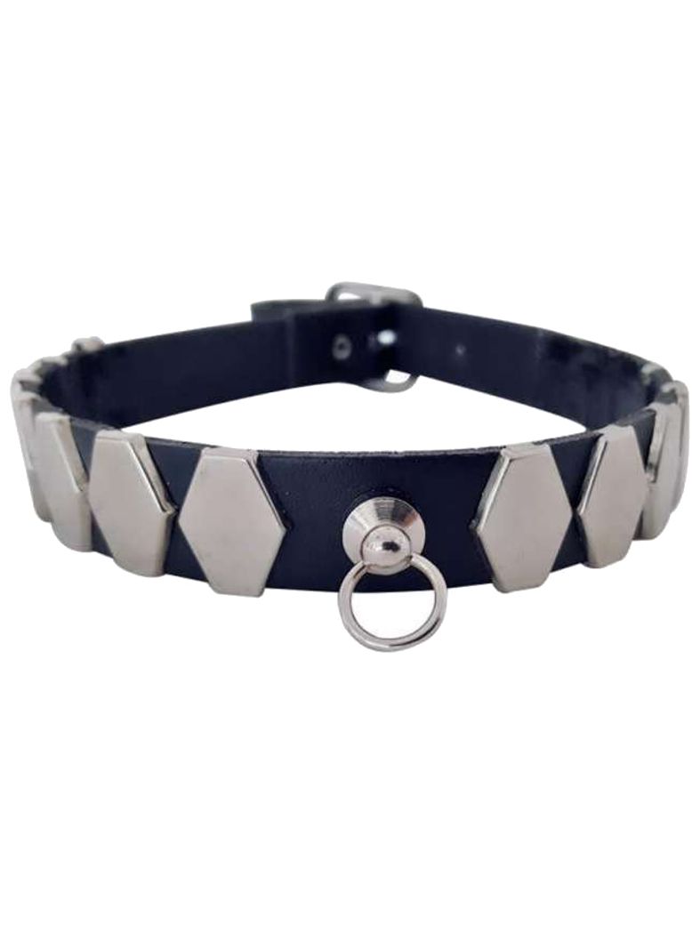 Leder Choker Halsband 6 eckige Nieten und Ring