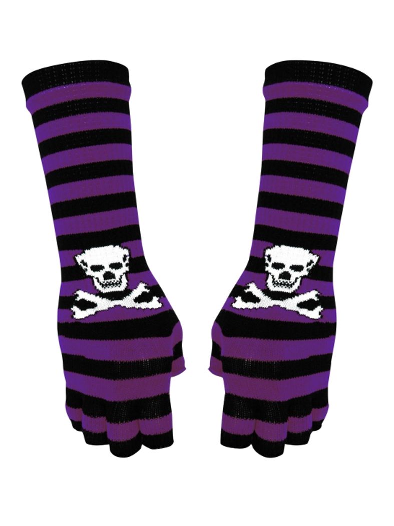 Fingerlose Stulpenhandschuhe lila Streifen Totenkopf