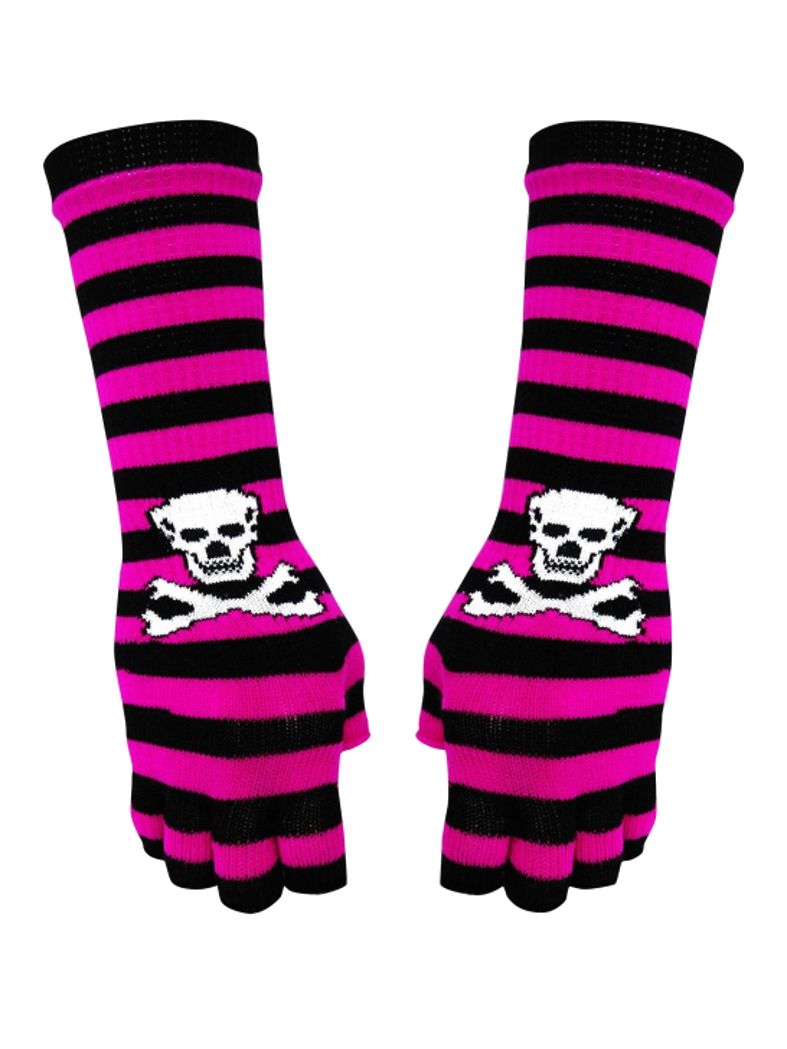Fingerlose Stulpenhandschuhe pink Streifen Totenkopf